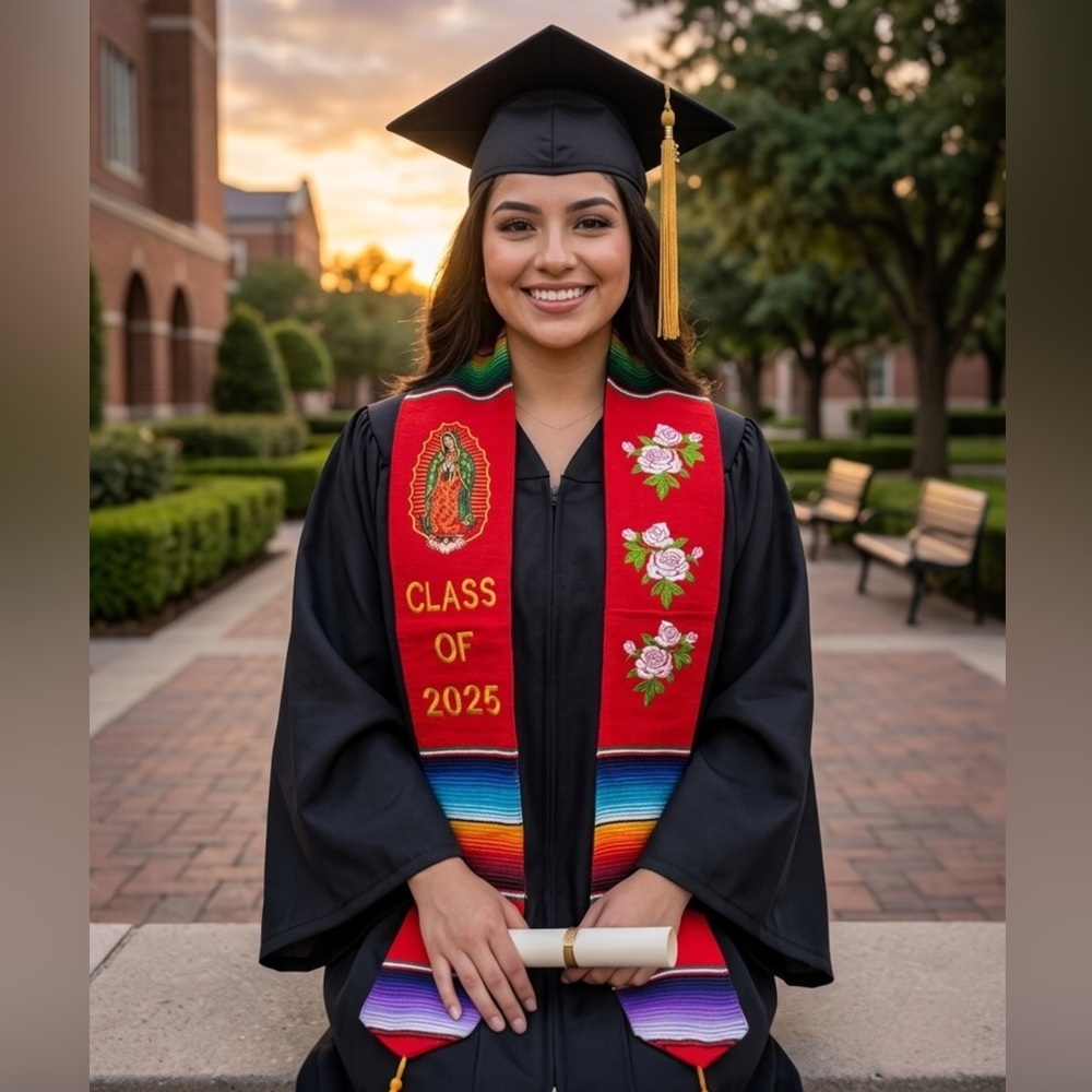 Graduation Stole Mexican Serape & Embroidered Lady of Guadalupe - Class of 2026